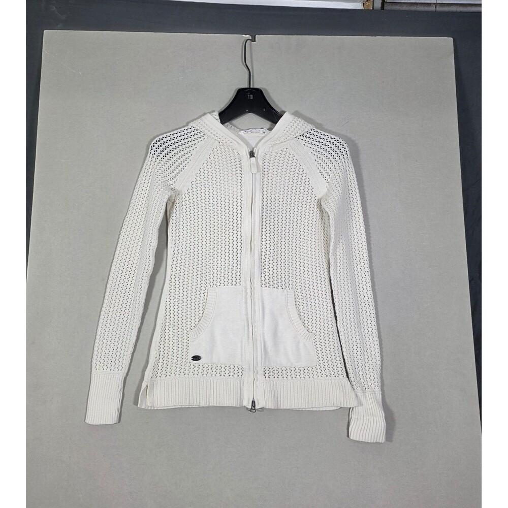 Athleta Womens White Open Knit Full Zip Hoodie Sweater Cotton Size Small